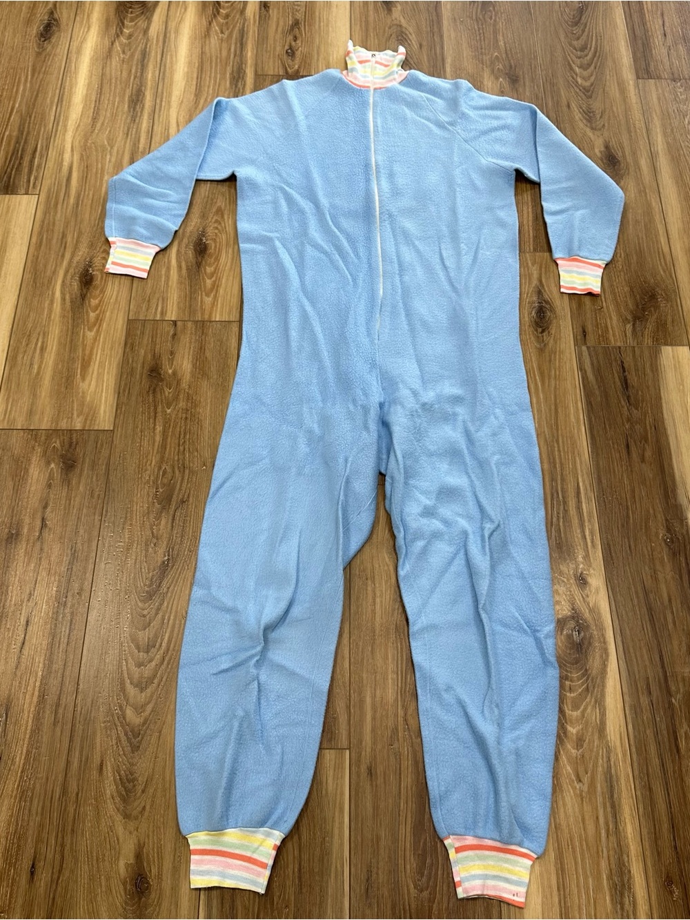 Vintage 70s Sears Jr Bazaar Fleece Onesie Pajamas Blue Rainbow, Medium (9-11)